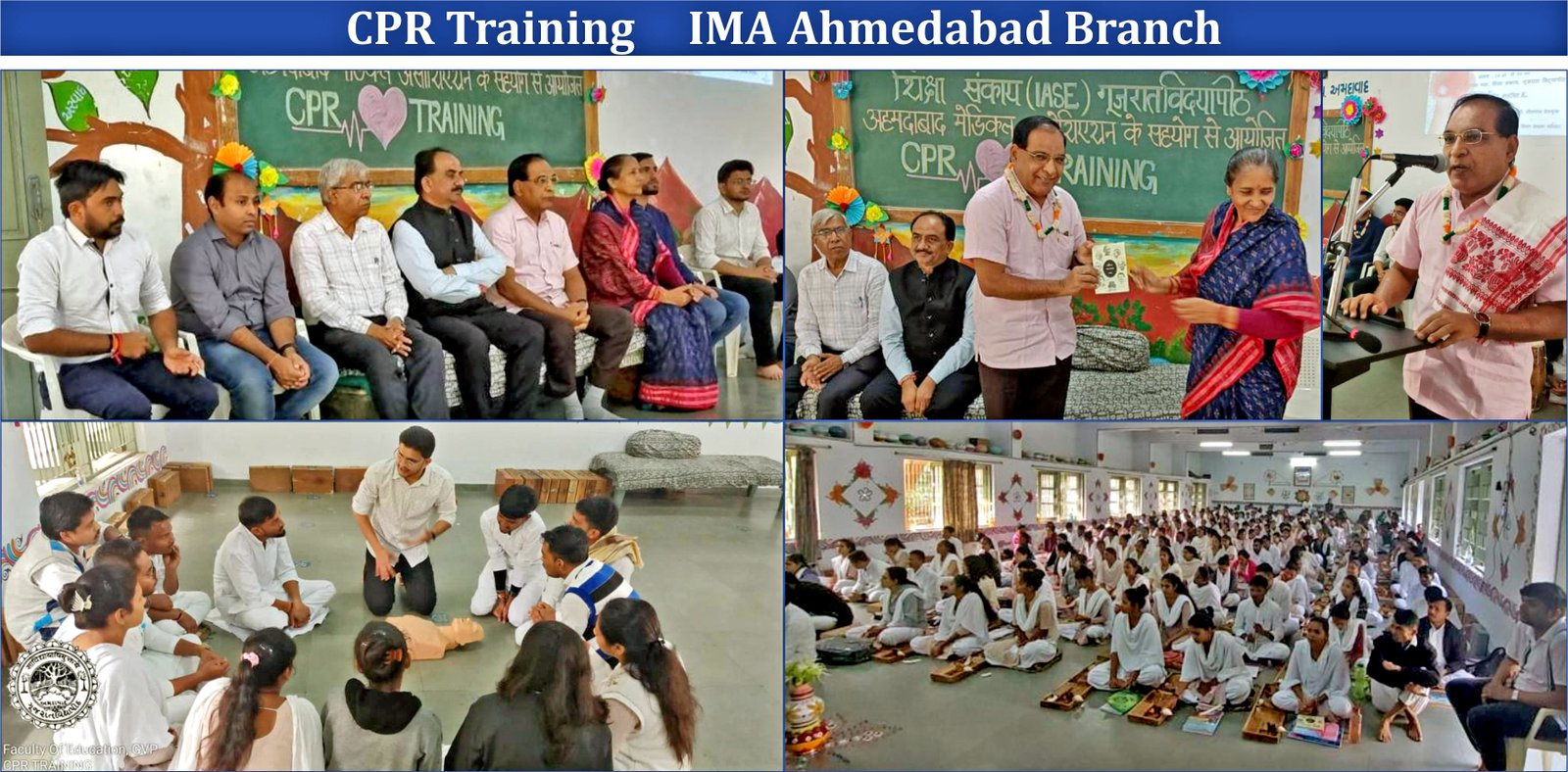 IMA GSB Ahmedabad Branch CPR training drive with medical team and instructors.
